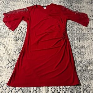 MSK XL Red Holiday Faux Wrap Dress Cut Out Rhinestone Sleeves